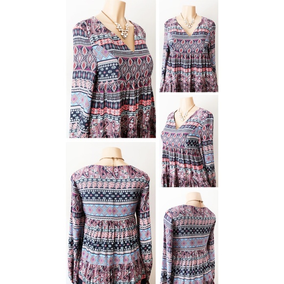 Navy Blue Multi BOHO Print Babydoll Tunic Blouse - Picture 3 of 8